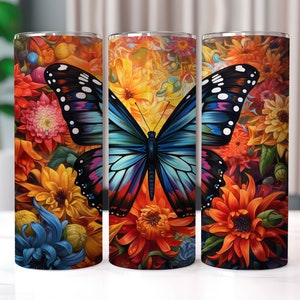 Colorful Butterfly with Flowers 20 oz Skinny Tumbler Sublimation Designs, Straight And Tapered Tumbler Wrap, Tumbler PNG