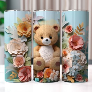 Cute Teddy Bear & Flowers 20 oz Skinny Tumbler Sublimation Designs, Straight And Tapered Tumbler Wrap, Tumbler PNG, Teddy Bear Tumbler Wrap