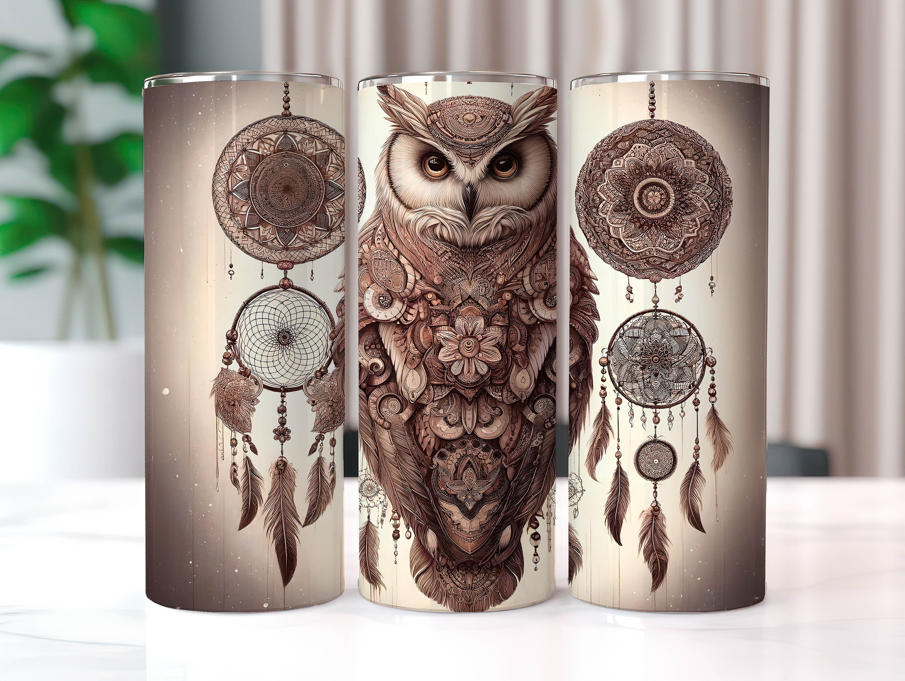 Owl Tumbler Wrap in Boho with Dream Catcher, 20 oz Tumbler Sublimation Designs, Owl Png, Western Tum