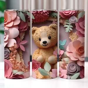 3D Teddy Bear with Flowers 20 oz Skinny Tumbler Sublimation Designs, Straight And Tapered Tumbler Wrap, Tumbler PNG, Teddy Bear Tumbler Wrap