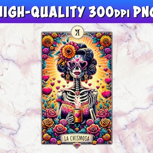 La Chismosa Tarotkarte PNG, Lateinische Skelett-Tarotkarte, Lustige Tarotkarte, Der Klatscher, Spanische Chola Catrina-Schädel-T-Shirt Becher PNG