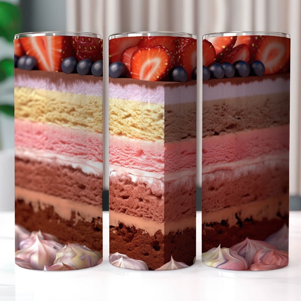 Délicieux gâteau 3D, 20 oz, design par sublimation de gobelet maigre, emballage de gobelet droit et conique, gobelet PNG, emballage de gobelet 3D, gâteau PNG