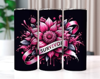 Breast Cancer Survivor Tumbler Wrap with Pink Flower, 20 oz Skinny Tumbler Sublimation Designs, Cancer Awareness, Breast Cancer PNG