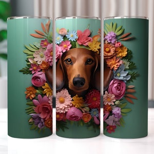 Daschund Dog with Flowers 20 oz Skinny Tumbler Sublimation Designs, Flowers Tumbler Wrap, Straight & Tapered Tumbler PNG, Dog Tumbler Wrap
