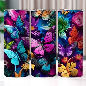 3D Butterflies with Flowers 20 oz Skinny Tumbler Sublimation Designs, Straight And Tapered Tumbler Wrap, Tumbler PNG, Butterfly Tumbler Wrap