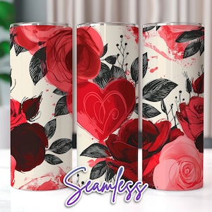 Hearts and Red Roses Tumbler Wrap Seamless, 20 oz Tumbler Sublimation Designs, Flower Tumbler Wrap, Floral Tumbler Wrap