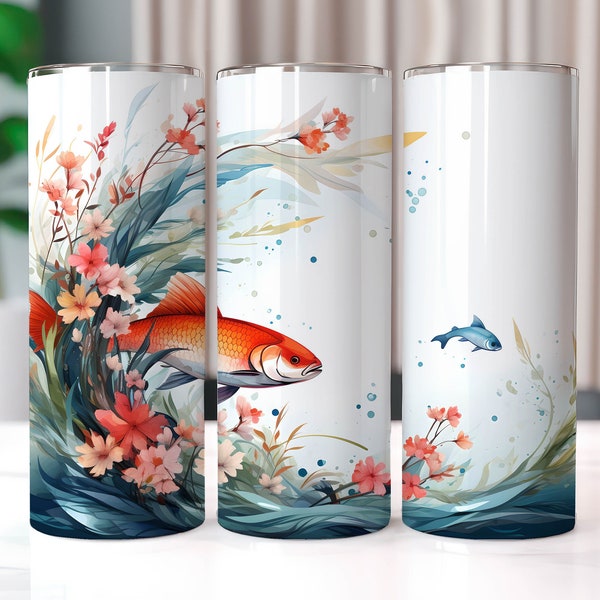 Watercolor Goldfish and Flowers 20 oz Skinny Tumbler Wrap, Sublimation Designs, Goldfish Tumbler PNG, Straight Tapered Tumbler Wrap