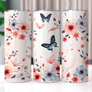 Butterfly with Flower 20 oz Skinny Tumbler Sublimation Design, Straight and Tapered Tumbler Wrap, Tumbler PNG, Butterfly Tumbler Wrap