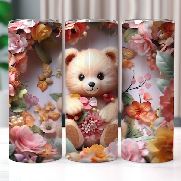 Cute 3D Teddy Bear Flowers 20 oz Skinny Tumbler Sublimation Designs, Straight And Tapered Tumbler Wrap, Tumbler PNG, Teddy Bear Tumbler Wrap