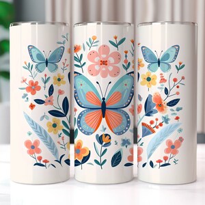 Boho Butterfly with Flowers 20 oz Skinny Tumbler Sublimation Design, Straight and Tapered Tumbler Wrap, Tumbler PNG, Butterfly Tumbler