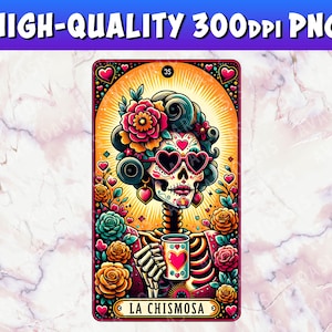 La Chismosa Tarotkarte PNG, Lateinische Skeleton Tarotkarte, lustige mexikanische Tarotkarte, Der Klatscher, spanische Chola Catrina Schädel-T-Shirt Becher PNG