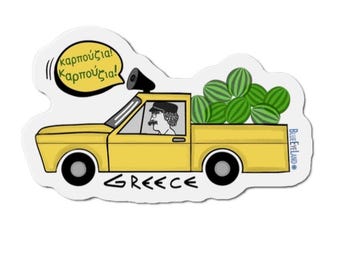 Greek Watermelon Truck Magnet: Mykonos Summer Illustration