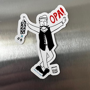 May include: A black and white illustration of a man with a mustache and a hat, holding a string of beads and a glass of liquid. The man is saying "OPA!" in red letters. The illustration is on a white background with the words "Blue Eye Land" in blue letters.