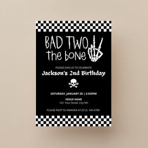 Bad Two the Bone, 2nd Birthday Invitation Template, Skull Skeleton Themed Digital Download, Party Invite, Editable Bad Two The Bone Invite