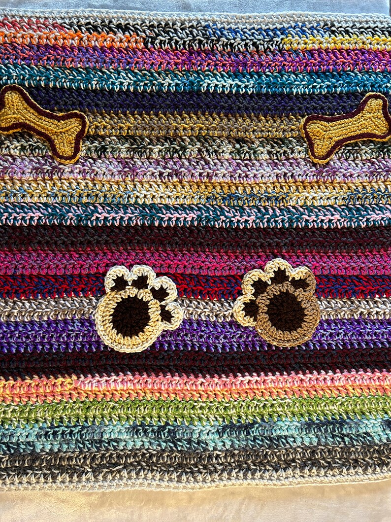 Crochet Dog Blanket / Multicolor / Dog Paw and Bone Appliqués Etsy