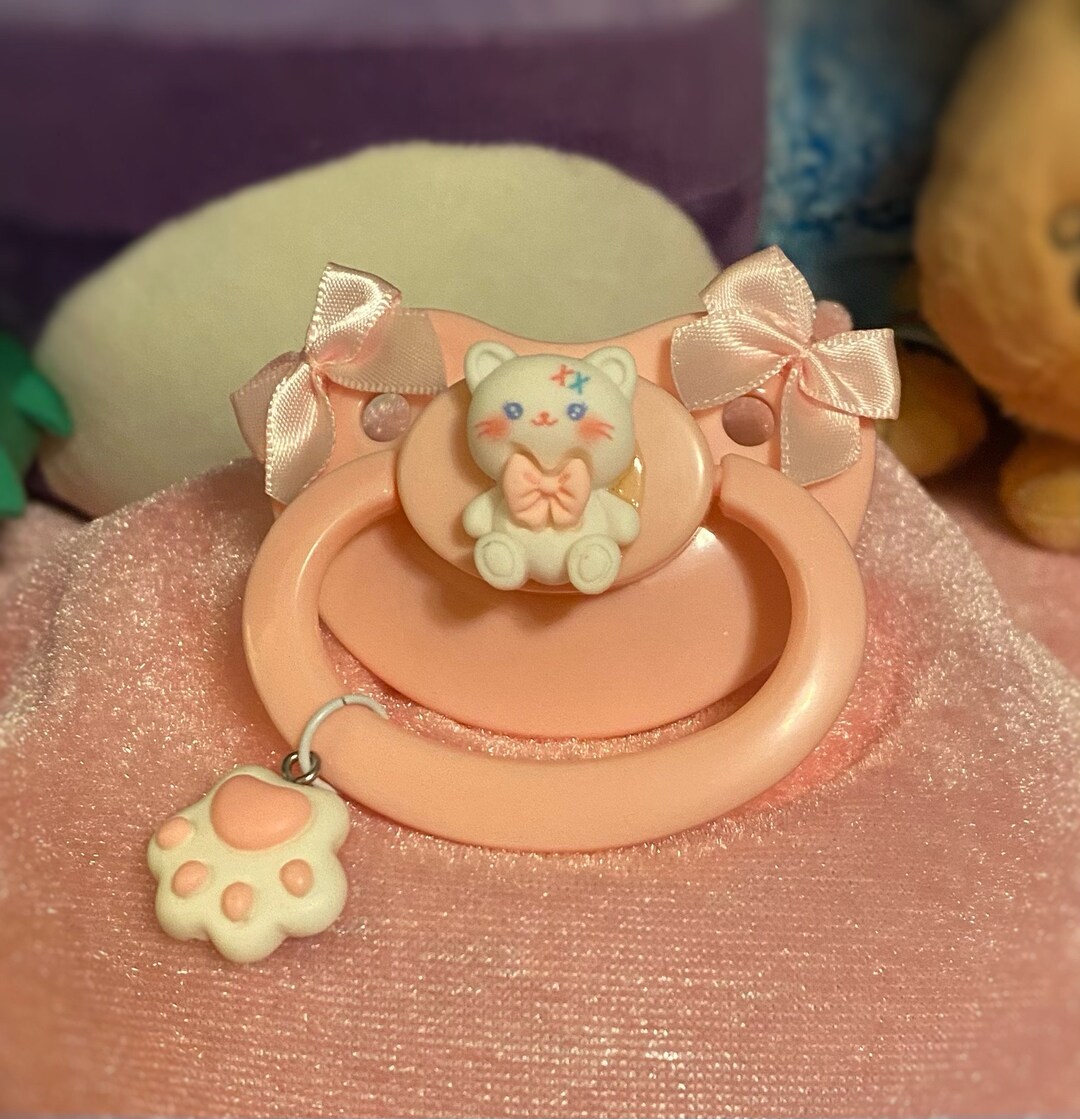 Adult Pacifier -Kitten with Paw Charm- Pink Paci with Bows
