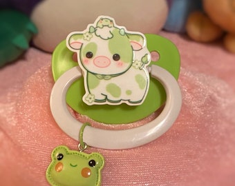 Adult Pacifier -Green Cow with Froggie- Green and White Paci with Frog Charm