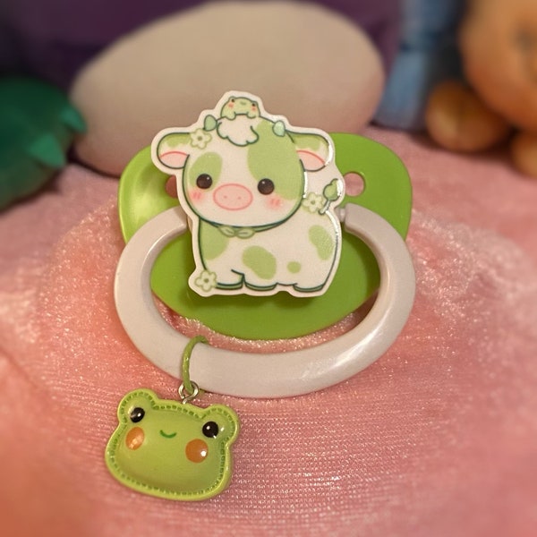 Adult Pacifier -Green Cow with Froggie- Green and White Paci with Frog Charm