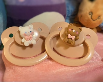 Adult Pacifier -Kitten and Bear- Blush Mauve Paci