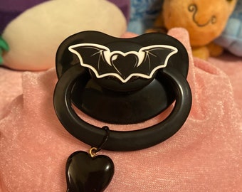 Adult Pacifier -Black Heart with Wings with Heart Charm- Black Gothic Paci