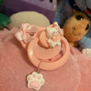 Adult Pacifier kitten With Paw Charm Pink Paci With Bows - Etsy