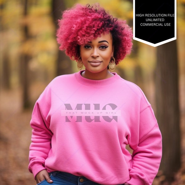 Gildan 18000 Light Pink Sweatshirt, Gildan 18000 Mockups, Black Female Model, Diverse Mockups, Diverse Models, African-American Model