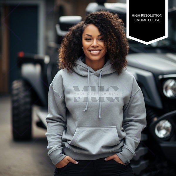 African American Girl Hoodie Mockup, Black Female Lifestyle Model Mock-up, Grey Sweatshirt Pullover Winter Fall Mock ups