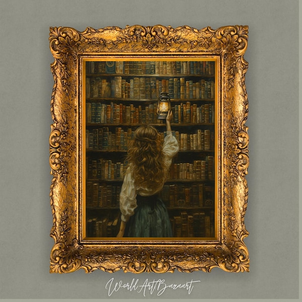 Dark Academia Library Art Print, humeurige boekenplanklantaarn digitale download, vintage leesdecor