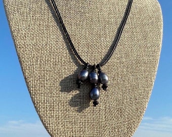 Black Leather Necklace with Peacock Freshwater Pearls, Boho Style
