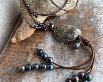 Peacock Pearls and Abalone Shell Long Necklace