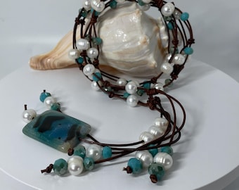 Boho Leather Pearl Necklace, Agate Pendant, Crystal Accents