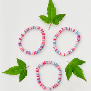 Preppy Summer Clay Bead Bracelet, Heishi Disk Bracelet, Pink, Blue, and White Stretch Bracelet, Handmade Bracelet, Friendship Bracelets