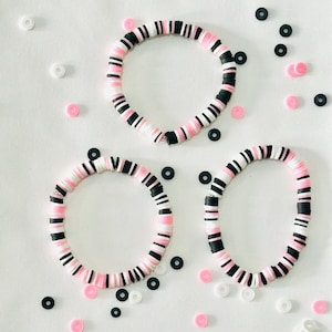 Preppy Summer Clay Bead Bracelet, Heishi Disk Bracelet, Pink, Black, and White Stretch Bracelet, Handmade Bracelet, Friendship Bracelets