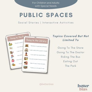 May include: Two digital tablets showing social stories and interactive activities for children and adults with special needs. The tablets display "Going to the Library" and "Going to the Park". Topics include going to the store and the doctor.