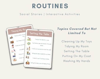 May include: Two digital tablets displaying social stories and interactive activities for children and adults with special needs. The tablets show routines for tidying a room and setting the table. Text includes "Topics Covered But Not Limited To" and "Cleaning Up My Toys".