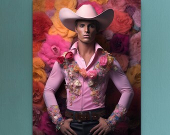 Pink Serenade: Cowboy with a Tender Touch - Premium Matte Poster - LGBTQ Art - Queer Culture - Gay Pride Poster - Pink Floral - Archival Ink