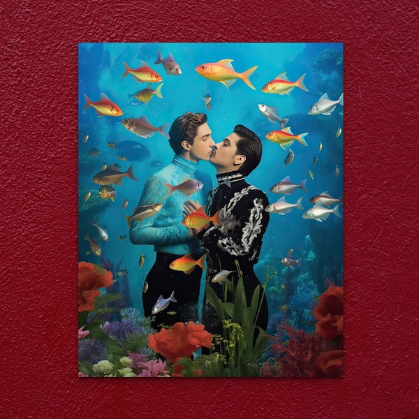 Under the Sea: Queer Merfolk Love - Premium Matte Poster - LGBTQ Pride - Gay Kiss - Queer Art - Digital Print - Gay Embrace - Archival Paper