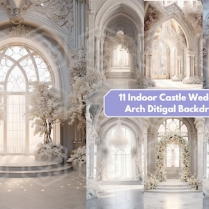 May include: Eleven digital backdrops featuring white archways and floral arrangements in a white castle setting. The backdrops are ideal for wedding photography.