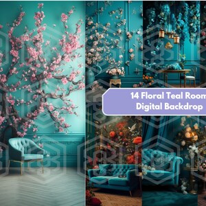Digital Backdrop: 12 Teal Room Backdrops, Modern Interior Photography Overlays, Photoshop Textures, Capture Vibrant Spaces