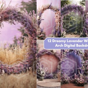 Puede incluir: Doce fondos digitales con un arco de boda de lavanda. Los fondos incluyen una variedad de fondos, como un campo, un bosque y una pared. El arco está hecho de flores y vegetación, y está decorado con una variedad de flores, incluyendo lavanda, rosas y eucalipto.