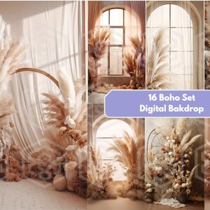 May include: A set of 16 digital backdrops featuring a boho theme with pampas grass, dried flowers, and a wooden archway. The backdrops are perfect for photographers and designers looking to create a warm and inviting atmosphere.