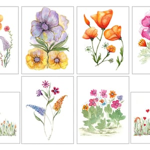 Cartes de correspondance pliées - 8 vierges - fleurs aquarelles, avec enveloppes. Disponible en motifs de surface répétés.