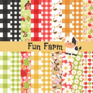 Puede incluir: Un conjunto de 10 papeles digitales con un divertido tema de granja. Los papeles incluyen una variedad de patrones, incluyendo cuadros, lunares y rayas. Los papeles son perfectos para scrapbooking, creación de tarjetas y otros proyectos de manualidades.