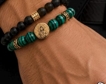 Saint Jude Thaddeus Bracelet for Men,  Catholic Protection Jewelry, 18K Gold Plated Stainless Steel, Malachite Black Onyx Gift