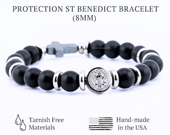 Pulsera rosario unisex de acero inoxidable con crucifijo de San Benito, talla personalizada, con protección, cruz de ónix y hematita. Regalos religiosos para él y para ella.