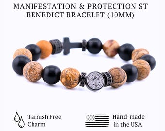 Saint Benedict Charm Protection Manifestation Mens Bracelet Stainless Steel Matte, 10mm Black Onyx, and Hematite Cross