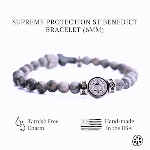 St Benedikt Edelstahl Medaille & mattierte Karte Jaspis Schutz Armband für Männer. Katholisches Geschenk für ihn/sie/unisex Religiöses Edelsteinarmband