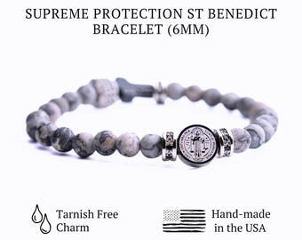 St Benedict Stainless Steel Medal & Frosted Map Jasper Protection Bracelet for men. Catholic gift for him/her/unisex Religious gem bracelet
