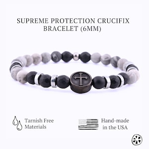 Cross, White-Gray Jasper & Black Onyx Frosted Men Bracelet. Christian Gifts Confirmation, Religious Bracelets, Tarnish-Free Unisex Jewels.