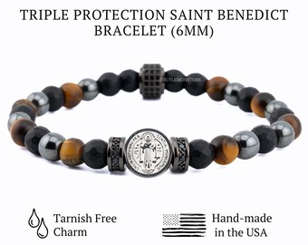 Pulsera de San Benito con Triple Protección, Piedras Preciosas de Ojo de Tigre, Ónix y Hematita, Regalo Católico para Él, Ella y Unisex
